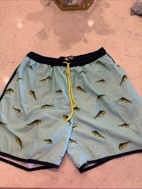 Light Blue Fish-Print Swim Trunks with Yellow Drawstring
